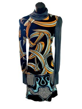 Custo Barcelona Printed Long Sleeve Dress With Gray Accents & Abstract Design Si